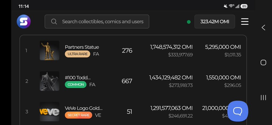 A mobile app interface displaying a list of digital collectibles, including a 'Partners Statue (Ultra Rare)' and a 'VeVe Logo Gold...' item, priced in OMI tokens.