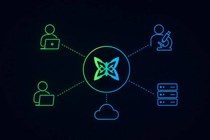 A glowing neon butterfly logo connects four surrounding icons—a laptop user, microscope user, laptop user, and server stack—along with a cloud, illustrating Quip Network's collaborative ecosystem linking developers, researchers, and node operators.