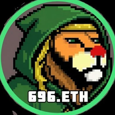 A pixel art profile picture of a bearded figure in a green hood holding a red rose, displayed within a circular frame with "696.ETH" text at the bottom—likely referencing an Ethereum-based NFT or ENS handle, fitting the "new pfp, hood szn" theme.