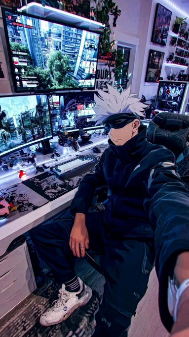 An anime-style character with white spiky hair and a blindfold sitting at an elaborate gaming setup with multiple monitors, surrounded by anime posters and decorations in a stylized room.