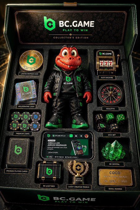A promotional image for 'BC.GAME PLAY TO WIN COLLECTOR'S EDITION', displaying a box set containing a red dinosaur figure, gold coins, cards, dice, a slot machine miniature, and other branded merchandise.