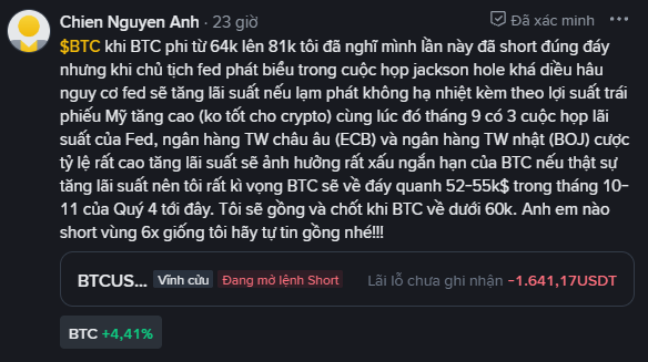 A Vietnamese social media post by Chien Nguyen Anh discusses Bitcoin ($BTC) trading around 64k-81k, mentioning expectations for Fed rate cuts and a potential short position, with BTC showing +4.41% and an unrealized short loss of -1,641.17 USDT.