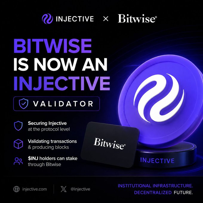 A promotional graphic announcing 'BITWISE IS NOW AN INJECTIVE VALIDATOR', featuring both Injective and Bitwise logos, with bullet points about securing the protocol, validating transactions, and allowing $INJ holders to stake through Bitwise.