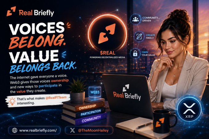 A promotional graphic for Real Briefly ($REAL) features a woman working at a laptop alongside text declaring "VOICES BELONG. VALUE BELONGS BACK." The image highlights the token's Web3 mission of empowering ownership and participation, with supporting labels for community-driven creation, free creation, and own-your-value principles, while displaying the REAL and XRP logos plus the mexc.com exchange link.