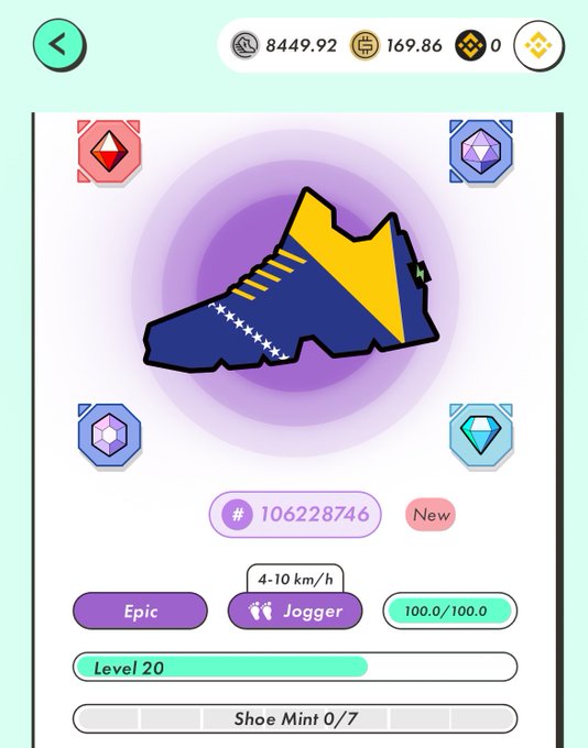 The image shows a shoe store's app with an icon of a blue and yellow shoe, along with some diamonds around it. The app has a purple background and white text that reads "Stepn BnB Realm Ready to move on?". This suggests that the user is at the beginning stage of their shopping experience in the shoe store.
