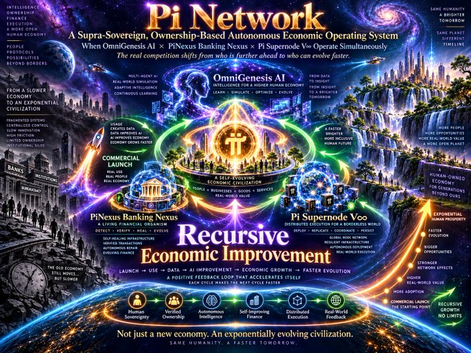 A vibrant cosmic infographic titled "Pi Network: A Supra-Sovereign, Ownership-Based Autonomous Economic Operating System" illustrating the interplay of OmniGenesis AI, PiNexus Banking Nexus, and Pi Supernode V∞ in driving recursive economic improvement. The visualization contrasts a grayscale traditional economy on the left with a colorful, evolving Pi-powered civilization on the right, emphasizing themes of self-evolving intelligence, human sovereignty, distributed finance, and real-world feedback loops.