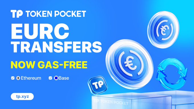 A promotional graphic for TOKEN POCKET advertises 'EURC TRANSFERS NOW GAS-FREE' on Ethereum and Base networks, featuring blue coin graphics with euro symbols.