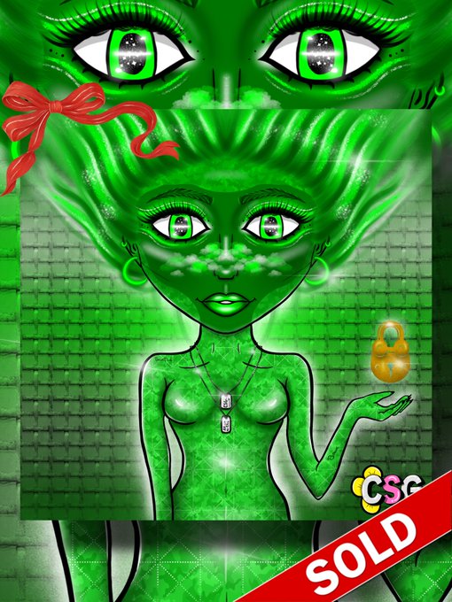 A digital illustration features a green-skinned figure with large eyes and flame-like hair, with text reading "CSG" and a red banner marked "SOLD" in the corner.