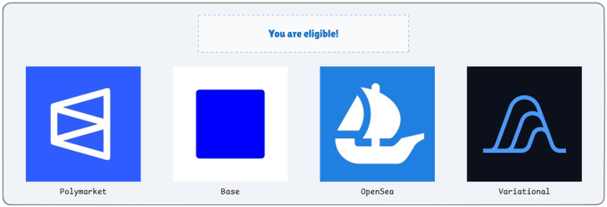 A dashboard displays 'You are eligible!' message above four NFT marketplace options: Polymarket, Base, OpenSea, and Variational.