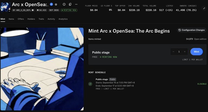 An OpenSea NFT minting page for 'Arc x OpenSea: The Arc Begins' shows a floor price of $0.04, 54,879 items minted, with a public minting stage currently active and 41,496 owners (76.2%).