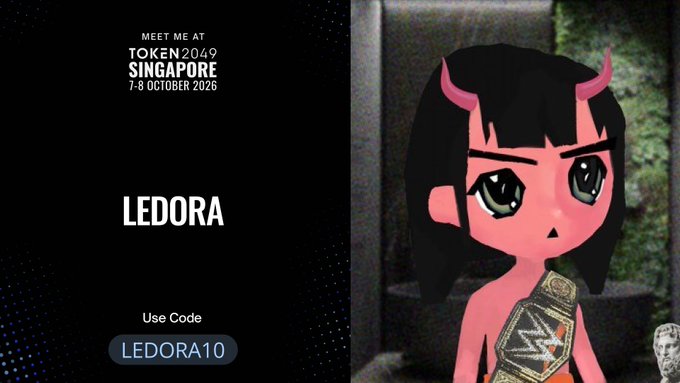 A promotional graphic announcing attendance at TOKEN2049 Singapore (7-8 October 2026), featuring the avatar "LEDORA" with a discount code "LEDORA10" and WWE-style championship belt imagery, supporting the post's excitement about returning to the Singapore conference.
