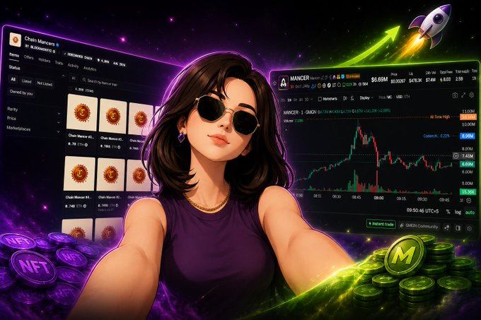 An illustrated promotional graphic featuring a stylized woman in sunglasses surrounded by cryptocurrency and NFT trading interfaces, including a chart labeled "MANCER" and stacks of coins.