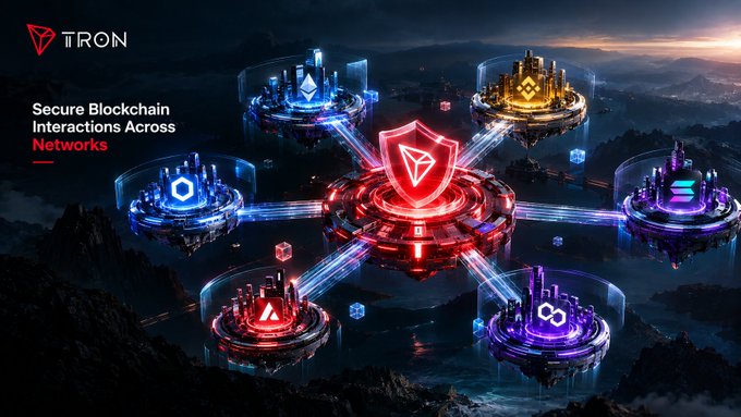 A promotional graphic for TRON showing interconnected blockchain networks with the text 'Secure Blockchain Interactions Across Networks'.