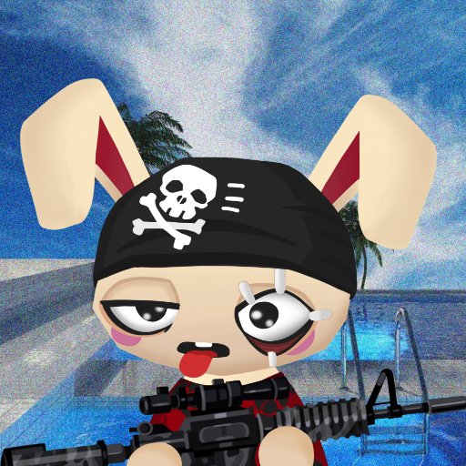 A digital illustration of a cartoon rabbit character wearing a black skull-and-crossbones bandana, with one eye crying, sticking out its tongue, and holding a rifle against a poolside background.