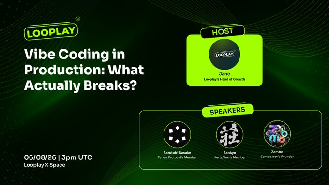 Promotional graphic for Looplay's AMA #7 titled "Vibe Coding in Production: What Actually Breaks?" scheduled for 06/08/26 at 3pm UTC on Looplay X Space, hosted by Jane (Head of Growth) and featuring speakers Sarutobi Sasuke (Teneo Protocol's Member), Bankyo (Hertzflow's Member), and Zambo (Zambo.dev's Founder). The image visually represents the accompanying post, which highlights Teneo Protocol's Head of Marketing Sarutobi Sasuke as a featured speaker discussing challenges of vibe-coded software in production environments.