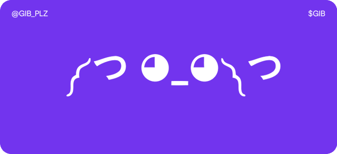 Purple meme image with the text '@GIB_PLZ' and '$GIB' displaying a kaomoji emoticon representing a confused or skeptical face.