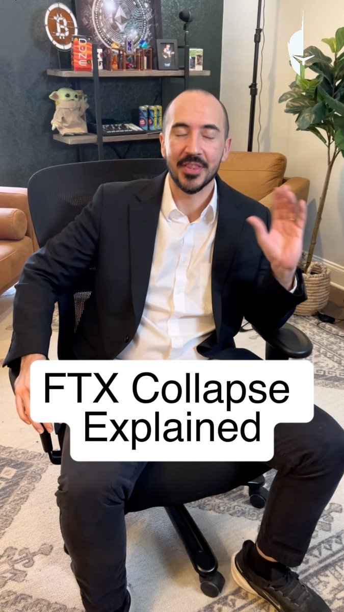 A man in a black suit sits in an office chair with his eyes closed and hand raised, overlaid with the text 'FTX Collapse Explained' in a white text box.