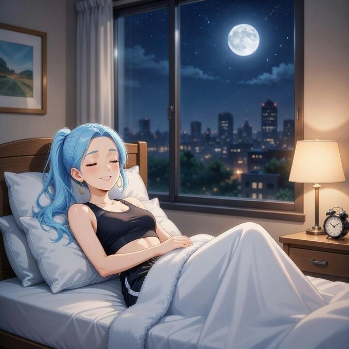 The image features a woman with blue hair lying in bed at night, wearing a black tank top. The scene takes place next to a window that offers a view of a city skyline under a full moon. There are no texts or other objects present in the image, and it does not seem to be related to any specific post or platform.