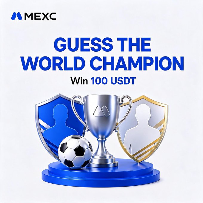 The image features a MEXC "Guess the World Champion" promo graphic, prominently displaying a silver trophy, soccer ball, and two shields representing competing teams, alongside text offering a 100 USDT prize to a randomly selected winner who correctly predicts the champion.