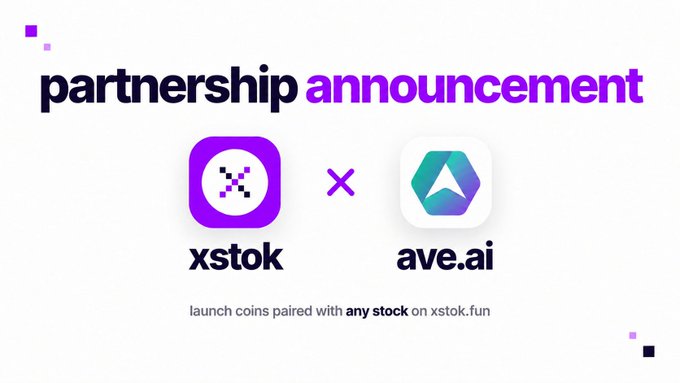 A promotional graphic announces a partnership between xstok and Ave AI, displaying “partnership announcement” and “xstok × ave.ai.” It states: “launch coins paired with any stock on xstok.fun,” highlighting the collaboration with Ave, an onchain trading platform in the Chinese community.