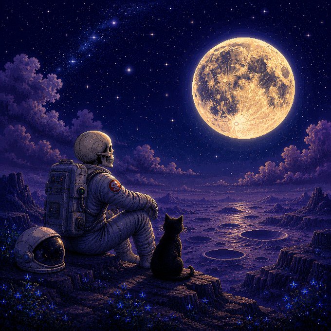 A fantasy digital artwork depicting an astronaut and a black cat sitting on a rocky alien landscape, gazing up at a large, glowing full moon and starry night sky.