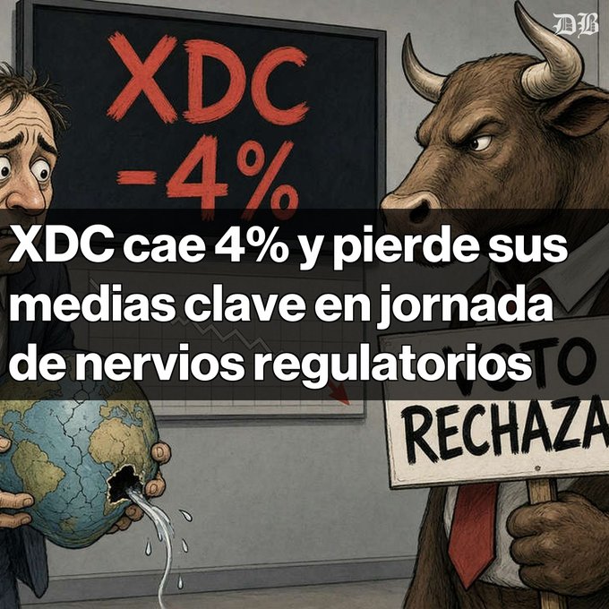 A Spanish-language crypto news illustration showing a worried man holding a leaking Earth next to a bull holding a "RECHAZADO" (Rejected) sign, with a chalkboard displaying "XDC -4%" and headline text reading "XDC cae 4% y pierde sus medias clave en jornada de nervios regulatorios."