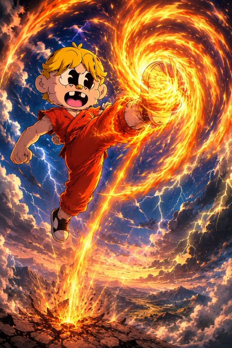 A determined cartoon character with blonde hair and a red martial arts outfit delivers a fiery high-kick amid swirling flames and lightning, embodying the temptation and impulse to dive into purchasing enticing NFTs. The dynamic, explosive scene visually captures the "GM" energy and fiery excitement of the NFT community.