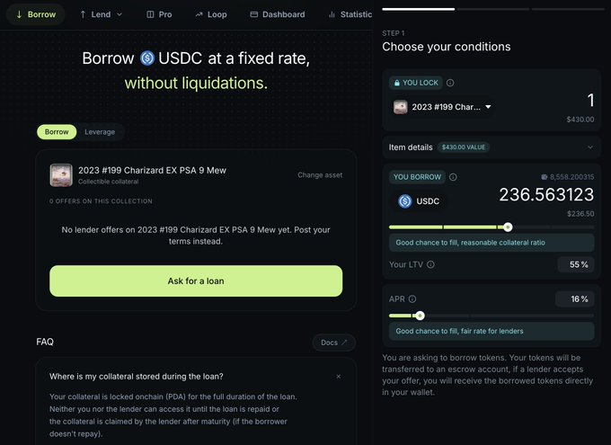 A screenshot of a cryptocurrency lending platform interface showing options to 'Borrow USDC at a fixed rate, without liquidations,' with a loan example of 236.563123 USDC at a 55% LTV and 16% APR.