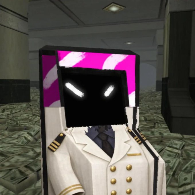 A blocky Minecraft-style avatar character wearing a white naval officer's uniform with a pink and white hat, standing in a room filled with stacks of money.