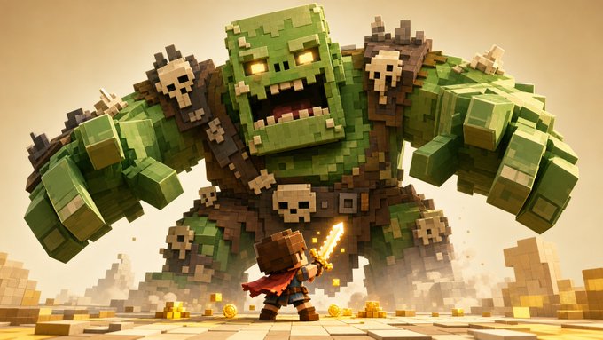 The image features a large green monster with a sword, surrounded by smaller green monsters. A person wearing a red cape stands next to this monster, holding a sword as well. The background of the image shows a desert landscape with mountains visible in the distance. The caption on the image reads "To show our commitment that this is a long term project DexScreener will be paid in 3-4 Hours working on updates on coop as we speak. Fixing leaderboard so we can give away sol to the highest round survivors."
