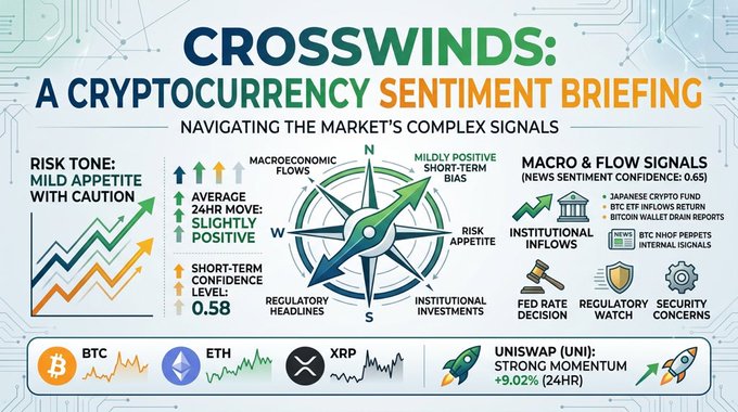 A cryptocurrency sentiment briefing infographic titled 'CROSSWINDS: A CRYPTOCURRENCY SENTIMENT BRIEFING' showing risk tone, average 24HR move of slightly positive, short-term confidence level of 0.58, and mentions of BTC, ETH, XRP, and Uniswap (UNI) with strong momentum +9.02% (24HR).