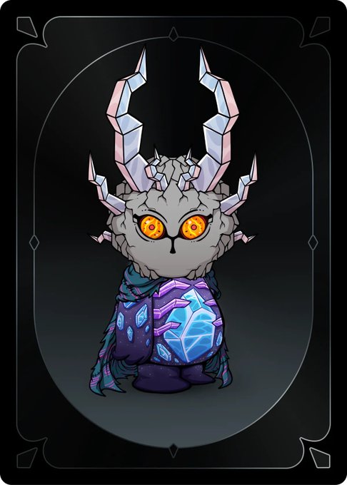 A digital illustration on a dark card depicting a stone creature with glowing yellow eyes, crystal horns, and a purple robe holding a glowing blue orb.