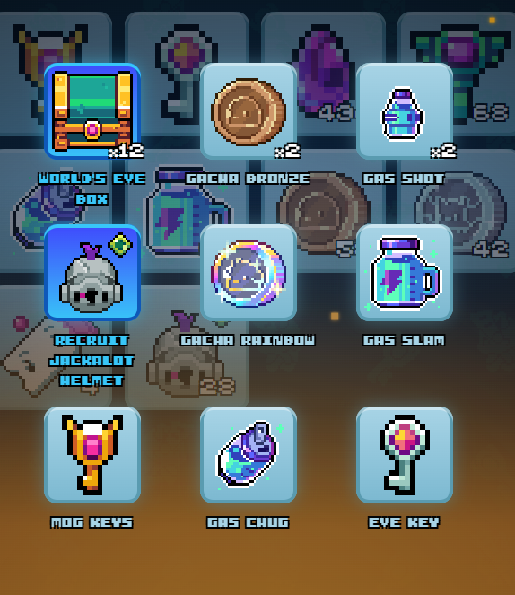 A pixel-art game inventory screen displays labeled items including 'WORLD'S EYE BOX', 'GACHA BRONZE', 'GAS SHOT', 'RECRUIT JACKALOT HELMET', 'GACHA RAINBOW', 'GAS SLAM', 'MAG KEYS', 'GAS CHUG', and 'EYE KEY'.