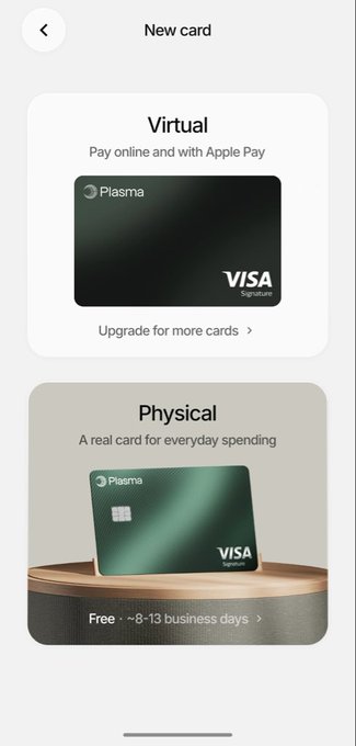 The image shows a "New card" selection screen offering a Plasma Virtual Visa card for online/Apple Pay use, and a Plasma Physical Visa card described as "Free • ~8-13 business days." The post notes the physical card is actually $20 shipping with China address selection, contradicting the "Free" label shown on the physical card option.