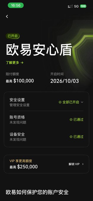 A mobile app screen in Chinese for '欧易安心盾' (OKX Security Shield), showing features enabled, account eligibility, device security status, and a $100,000 payout with VIP options up to $250,000.