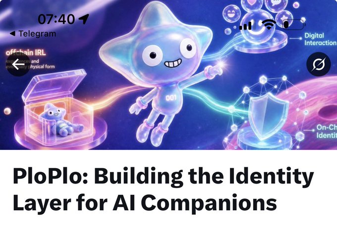Promotional graphic titled 'PloPlo: Building the Identity Layer for AI Companions' featuring a translucent star-shaped character with '001' on its chest, alongside icons for digital interaction, on-chain identity, and a physical form.