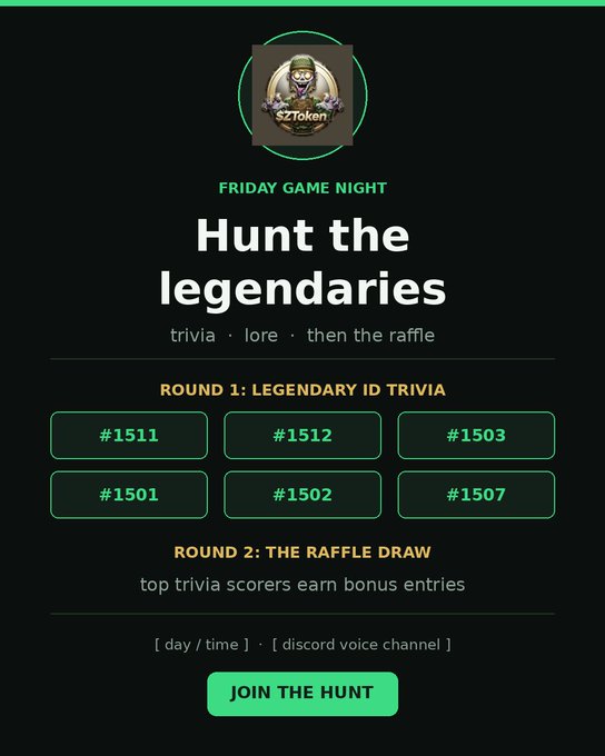 A 'Friday Game Night' promotional graphic titled 'Hunt the legendaries' with trivia and a raffle draw, featuring ID numbers #1511, #1512, #1503, #1501, #1502, and #1507, and a 'JOIN THE HUNT' button.