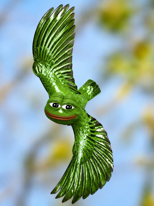 A 3D rendering of a glossy green bird in flight with an exaggerated meme-style face (large lips and eyes) against a blurred blue and yellow background.