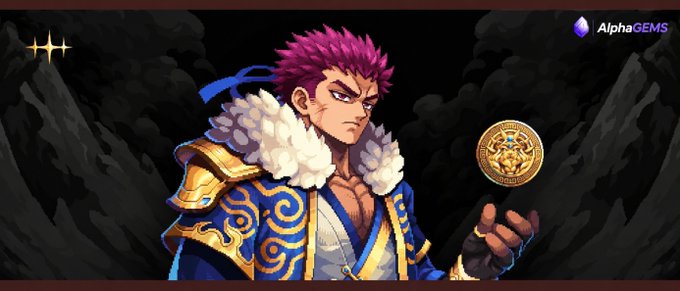 A muscular anime-style warrior with red hair and a fur-lined blue and gold coat, holding a golden medallion, with 'AlphaGEMS' logo in the corner.
