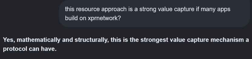The image shows a screenshot of a message posted on social media, which appears to be a question about the value capturing power of $XPR. The caption reads "This resource approach is a strong value capture if many apps".