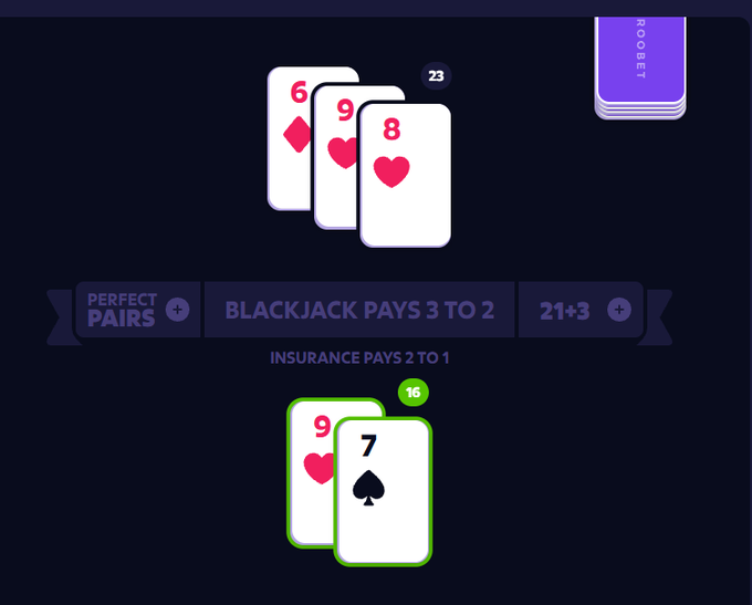 A screenshot of a digital blackjack game showing the player's hand of a 9 of hearts and 7 of spades (16) against the dealer's visible 6 of diamonds, 9 of hearts, and 8 of hearts.