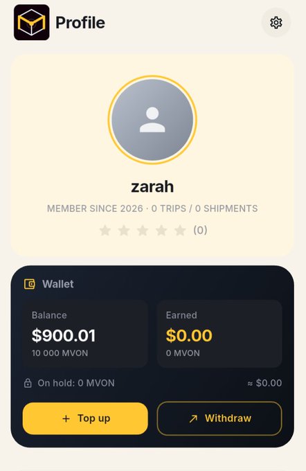 A mobile app profile screen for a user named 'zarah', showing they joined in 2026 with 0 trips, and displaying a Wallet balance of $900.01 (10,000 MVON) with Top up and Withdraw buttons.