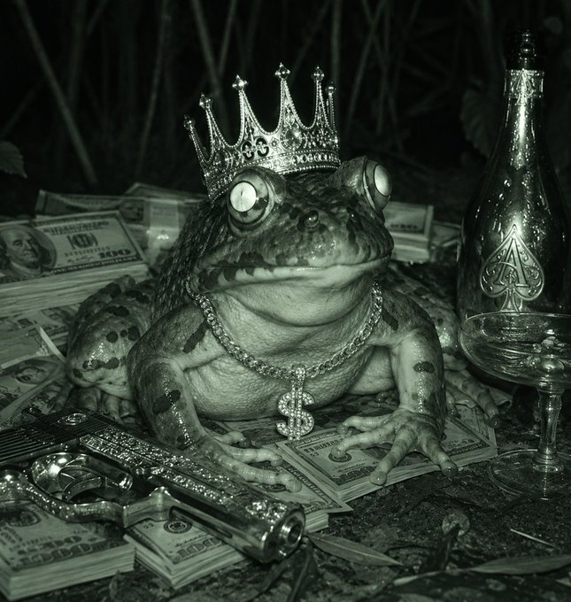 A black and white artistic photograph of a toad wearing a crown, gold chain with dollar sign pendant, sitting on a bed of hundred dollar bills alongside a champagne bottle and ornate pistol.