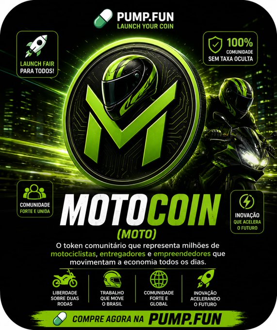 The image features a poster for a new cryptocurrency called "MotoCoin" that has been launched by Pump Fun. The poster displays two people riding motorcycles, with one person wearing a helmet and the other not. The background of the poster is green, which complements the logo on the poster. The text on the poster highlights the benefits of using the token for transactions related to motorcycling activities or even general use.