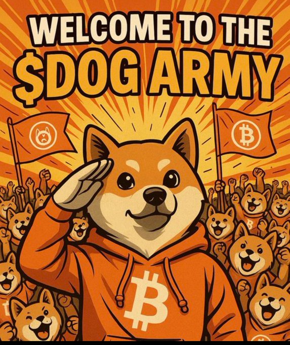A retro-style cartoon illustration of a Shiba Inu dog in an orange hoodie saluting, with a Bitcoin logo on the chest, surrounded by a cheering crowd of Shibas holding Bitcoin and Shiba Inu flags under the text 'WELCOME TO THE $DOG ARMY'.