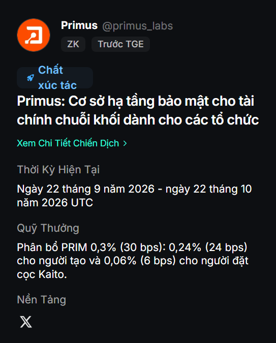 A Vietnamese-language social media post from Primus (@primus_labs) promoting a security infrastructure campaign for decentralized finance, running September 22 - October 22, 2026 UTC, with a 0.3% PRIM distribution reward pool.