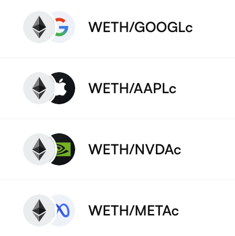 A list of trading pairs showing WETH/GOOGLc, WETH/AAPLc, WETH/NVDAc, and WETH/METAc with corresponding Ethereum and company logos.