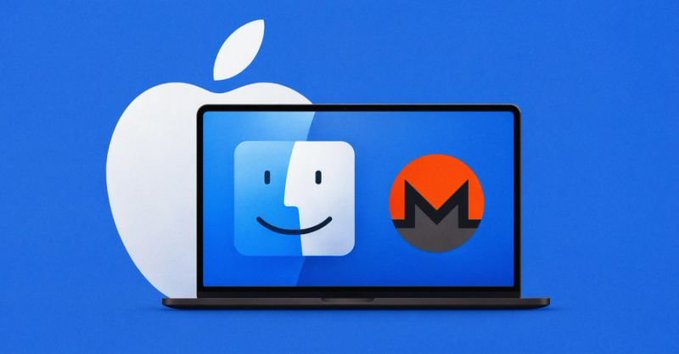 A laptop displaying the smiling Mac Finder icon alongside the Monero (XOR) cryptocurrency logo sits in front of a white Apple logo on a blue background, illustrating how the CVE-2026-65400 macOS screen-sharing vulnerability is being exploited to hijack Macs exposed via VNC port 5900 and turn them into Monero mining machines.