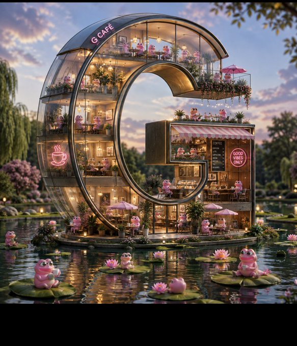 A whimsical 3D rendering of a 'G CAFÉ' shaped like a giant letter 'G,' populated with pink frog characters inside and floating on lily pads in a pond at sunset.