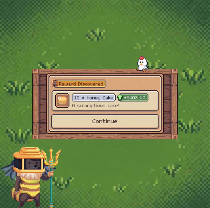 A pixel art video game screen showing a 'Reward Discovered' pop-up for a Honey Cake (+6403 XP) with a chicken and a bee character holding a trident in a grassy field.